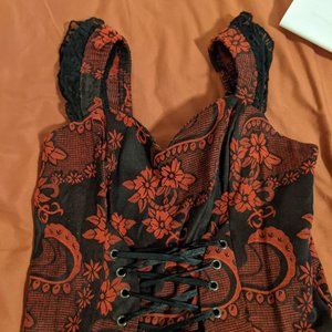 Front Laced Detail Red Floral Dress